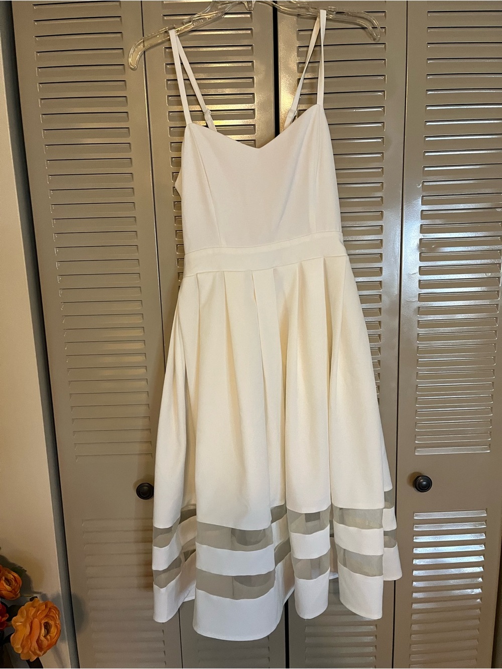Jealous Tomato White Fit-and-Flare Dress with Sheer Hem Stripes. Size Small